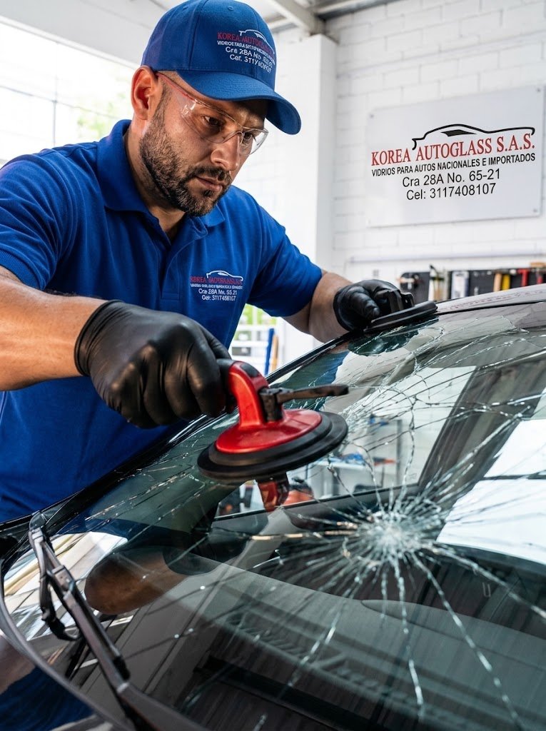Técnico de Korea Autoglass instalando un parabrisas